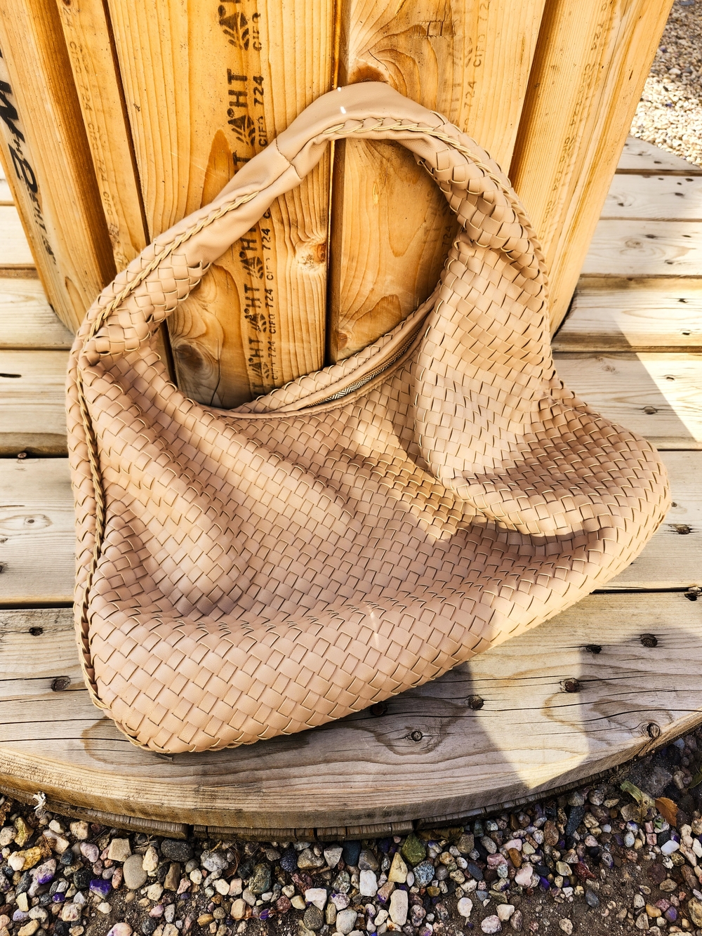 Urban Expressions Woven Vegan Leather Hobo Shoulder Bag Nude Taupe